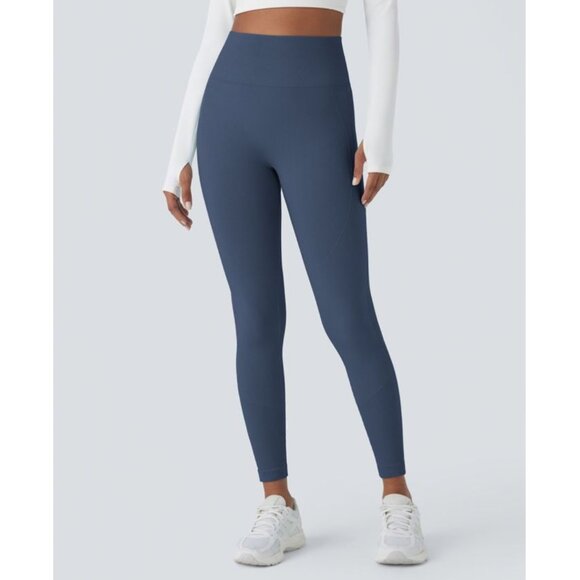 Halara Seamless Flow High Waisted Butt Lifting Leggings Sz Large 7/8 Navy Blue W - Picture 5 of 8